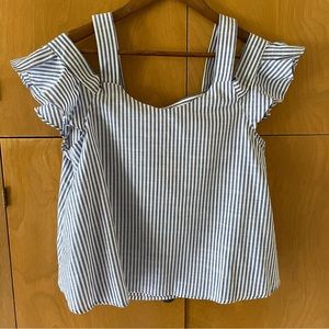 Haute Monde Blue and White Striped Cotton Off-Shoulder Blouse. Cap Sleeve. Med
